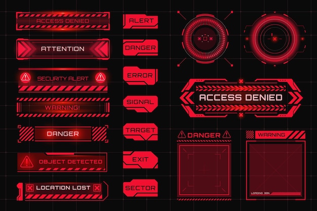 Set of warning attention and alert red symbols HUD caution and danger frames Game UI with warning boxes for system damage error