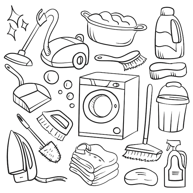 Set for washing and cleaning in the style of doodle Vector illustration isolated on white background