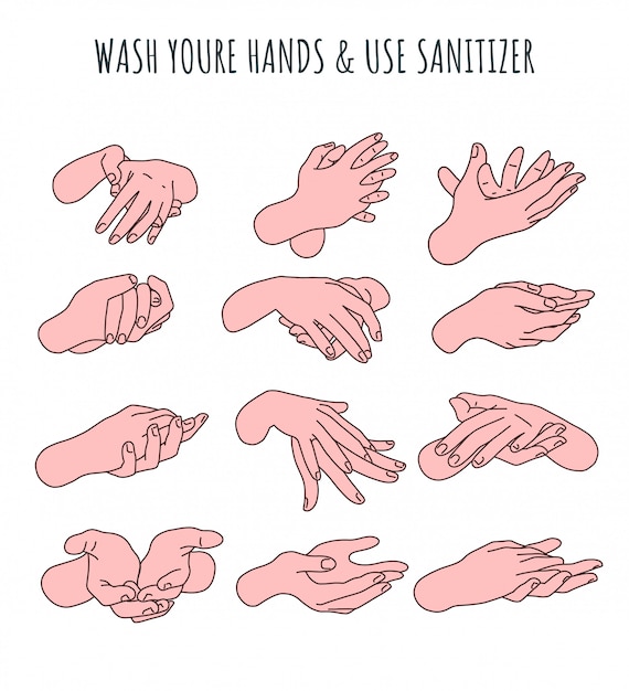 Set of washing hands, sanitary instruction, hand drawn 