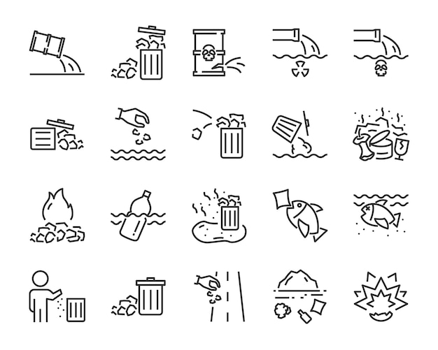 Set of waste icons, such as, pollution, dirty, bin, plastic, industry waste