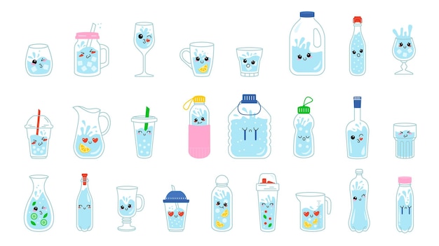 Set of water cartoons Drinking bottle glass cup and mug with cold blue water funny smiling faces