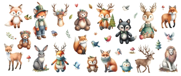 Vector set of watercolor animals forest wolf fox deer bear rabbit owl mushrooms bird