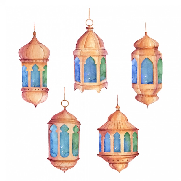 Set of watercolor arabic lantern