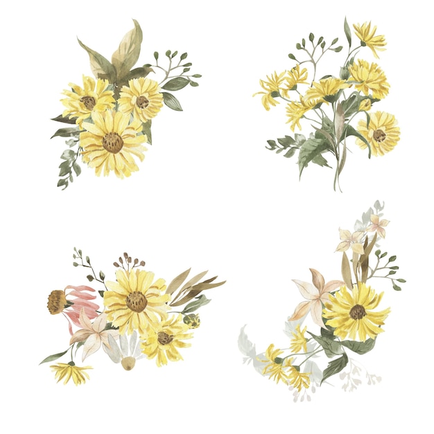 Set of watercolor autumn simple bouquets of flowers