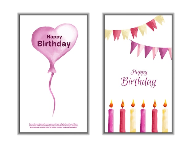 Set of watercolor birthday greetings card design Vector illustration