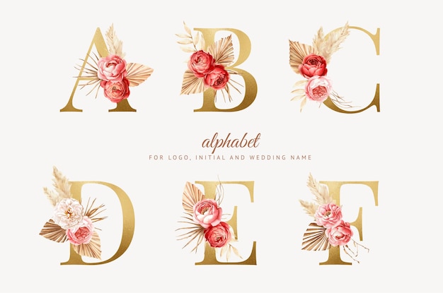 set watercolor boho floral alphabet with golden letter