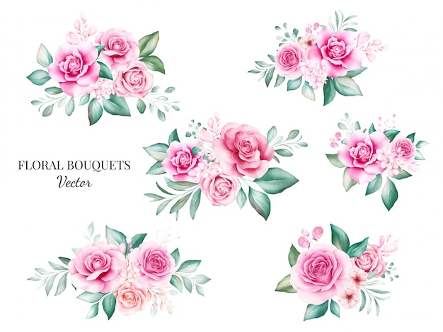 Set of watercolor bouquets for logo or wedding card composition. Botanic decoration illustration of peach and red roses, leaves, branches, and gold glitter