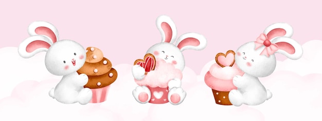 Set of watercolor bunny rabbit with cupcake