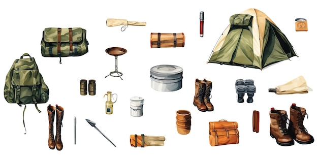 Set of watercolor camping equipment illustrations on white background