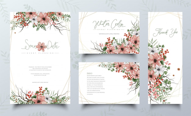 Set of watercolor cards with floral painting 