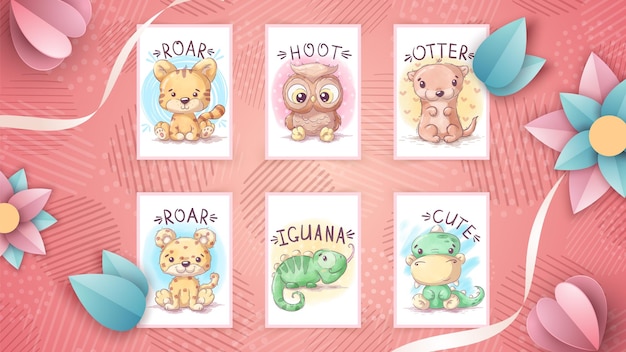 Set watercolor cartoon character animal Hand Draw