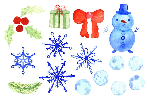 Set of watercolor Christmas elements. New Year's illustrations for greeting card design.