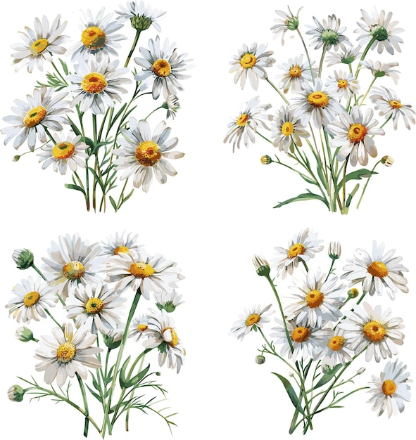 Set of watercolor Daisy Flower isolated on white background