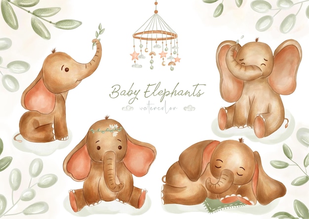 Set of watercolor elephants for nursery Use for your design textile nursery wallpapers