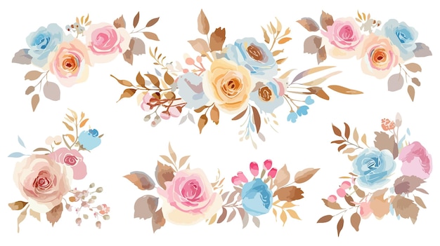 set of watercolor floral bouquet in pastel pink and blue colors