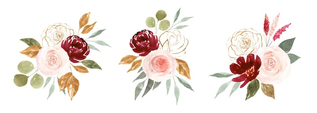 Set of watercolor floral bouquets isolated on white background roses peonies and leaves