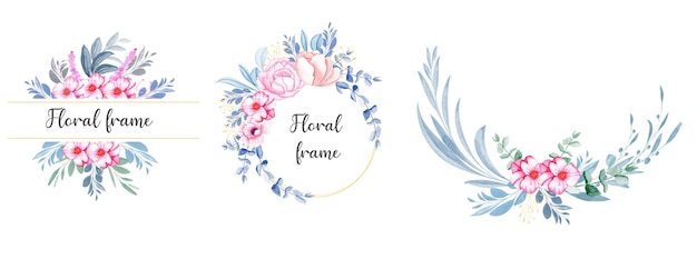 Set of watercolor floral frame arrangements of peach flowers with beautiful soft blue leaves