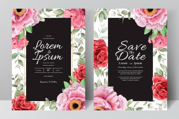 Set of Watercolor Floral Frame Wedding Invitation Template