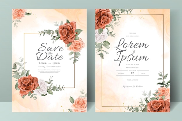 Set of Watercolor Floral Frame Wedding Invitation Template