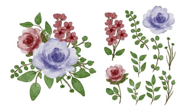 Set of watercolor flower and leave bouquet