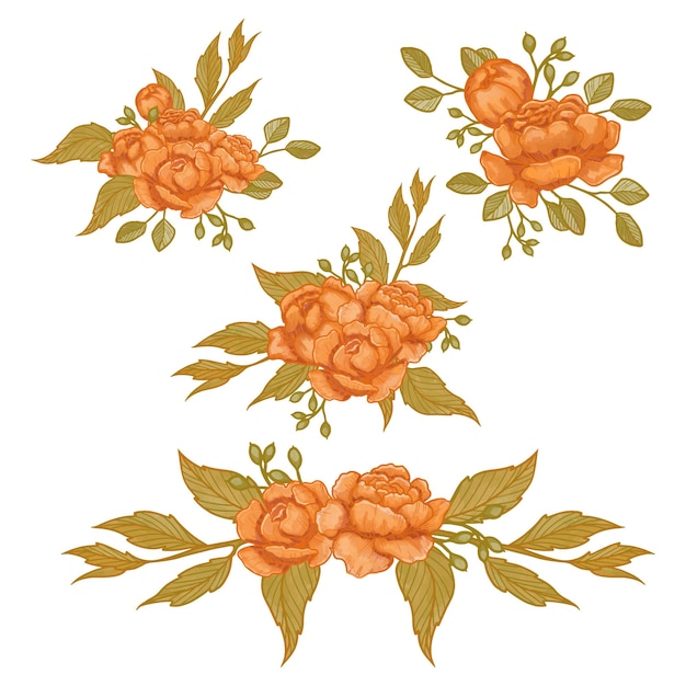 Set of Watercolor flower Orange flora clipart