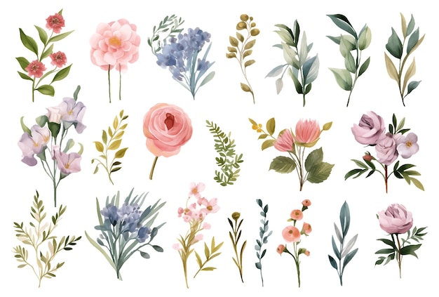 A set of watercolor flowers and leaves clipart isolated on a white background