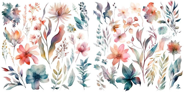 Set of watercolor flowers leaves and twigs on a white background generative ai