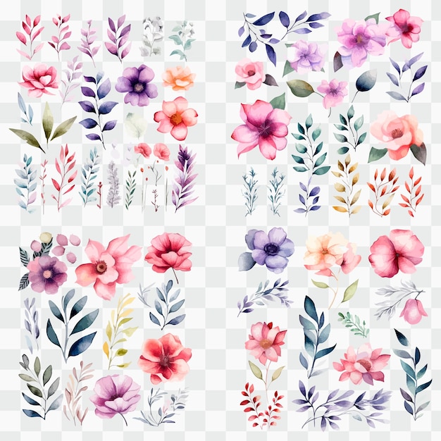 A set of watercolor flowers and leaves