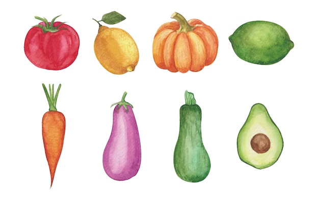 Set of watercolor fruits and vegetables