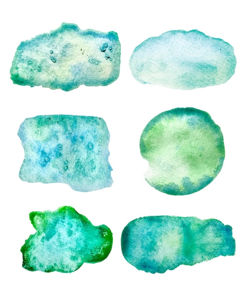 Vector set of watercolor green brush spots and strokes collection stains cut out from background vector