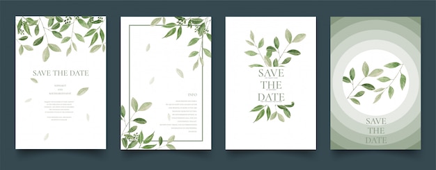 Set of watercolor green leaves cards.