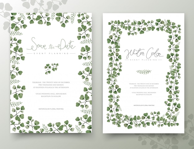 Set of watercolor green leaves cards.