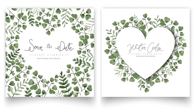 Set of watercolor green leaves cards.