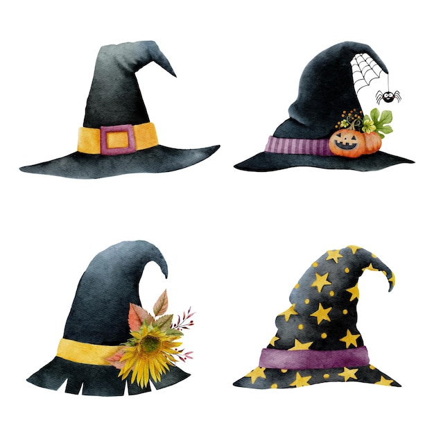 Set of watercolor Halloween black witch Hats set 1 Vector illustration