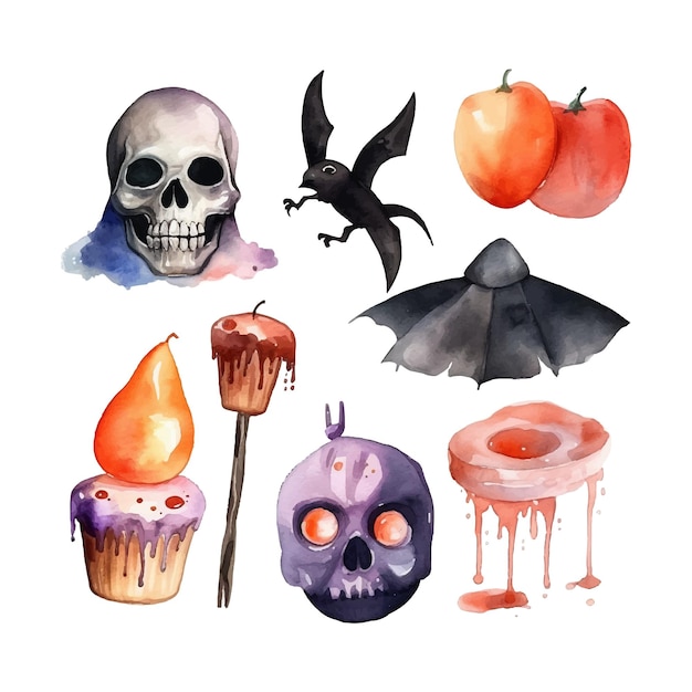 set of watercolor halloween elements