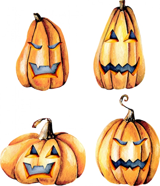 Set of watercolor Halloween pumpkins, hand painted isolated on a white background