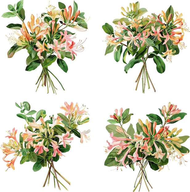 Set of watercolor Honeysuckle Flower isolated on white background