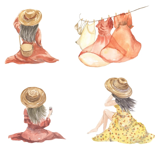 A set of watercolor illustrations of girls in beautiful dresses sitting with their backs