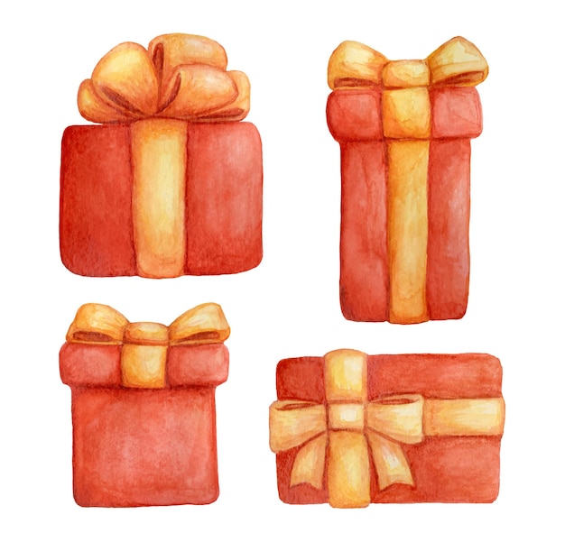 Set of watercolor illustrations of red gift boxes. Christmas box with a yellow and gold bow.