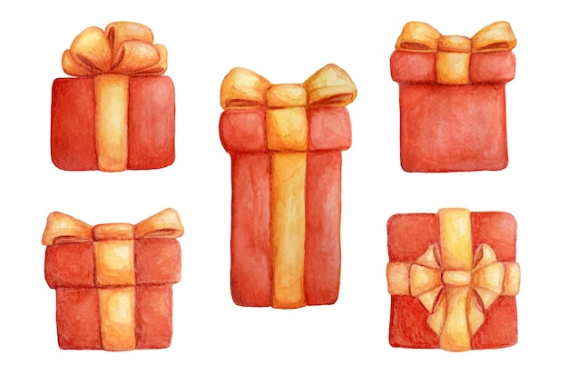 Set of watercolor illustrations of red gift boxes. Christmas box with a yellow and gold bow.