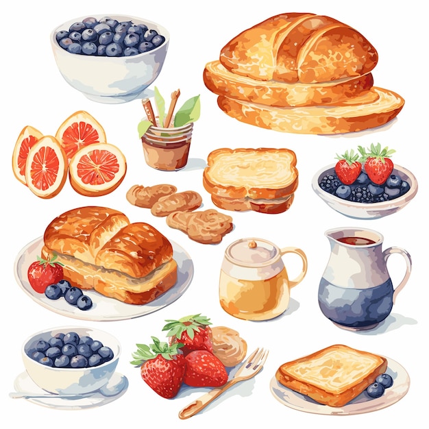 set watercolor items breakfast