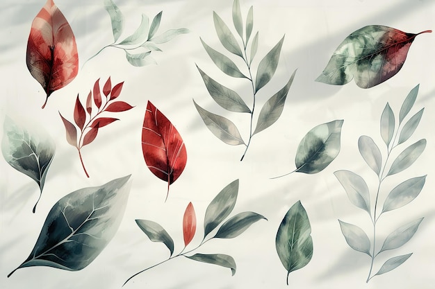 Vector set of watercolor leaves hand painted illustration of floral elements isolated on a white backgroun