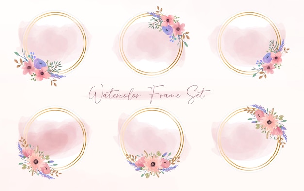 Set of Watercolor pink blossom floral wreath with gold circle background Circle golden frame