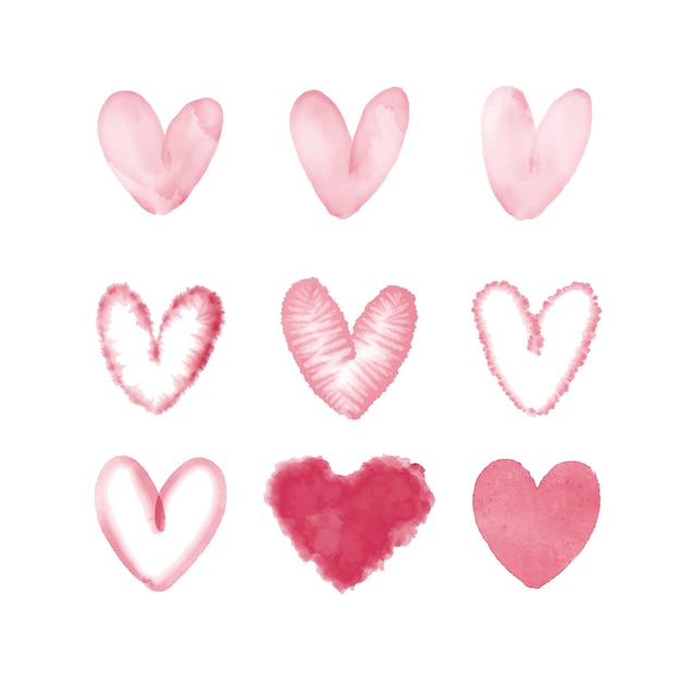 Set of watercolor pink hearts Vector illustration