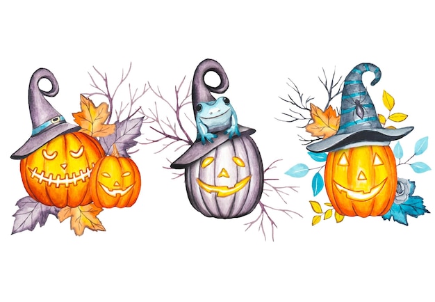 Set of watercolor pumpkins for halloween