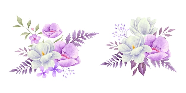 set of watercolor purple flower bouquet