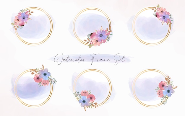 Set of Watercolor purple lilac floral wreath with gold circle background Circle gold frame