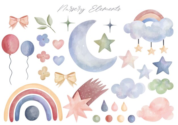 Vector set of watercolor rainbow clouds moon stars fantasy pastel color vector nursery elements