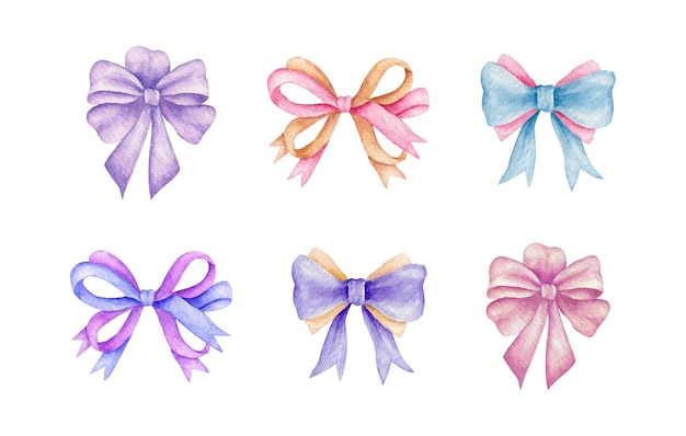 Set of watercolor shiny gift bow collection