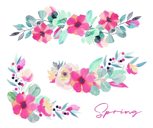 Set of watercolor spring floral bouquets and compositions of pink flowers, wildflowers, green leaves, branches and eucalyptus